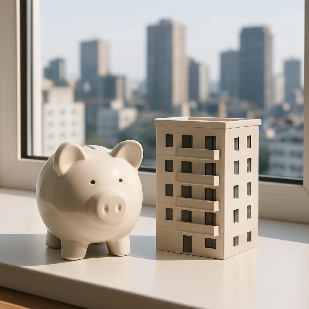 Una cerámica de cerdo y un edificio dictados articuladamente sobre un fondo de una ventana.